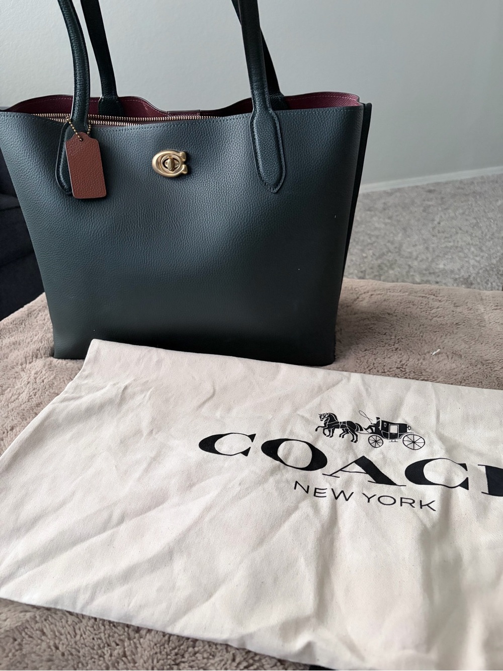 Coach Forest Green Leather Tote with Burgundy Interior and Gold Hardware